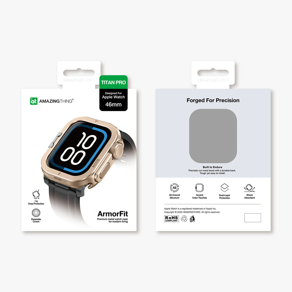 AmazingThing Titan Pro metalinis dėklas Apple Watch 11 46mm, aliuminis - auksinis -- Apple Watch 11