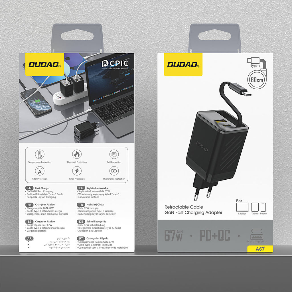 Dudao sieninis įkroviklis A67EU GaN 67W su integruotu įtraukiamu USB-C Power Delivery Quick Charge laidu - juodas