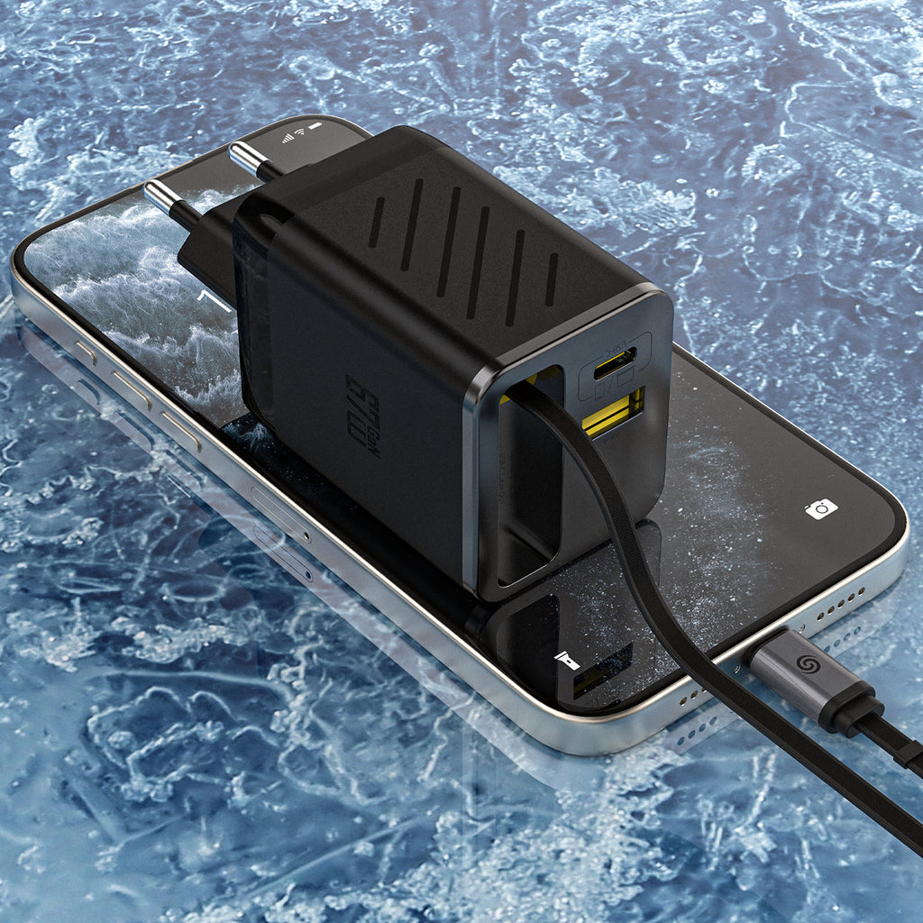 Dudao sieninis įkroviklis A67EU GaN 67W su integruotu įtraukiamu USB-C Power Delivery Quick Charge laidu - juodas