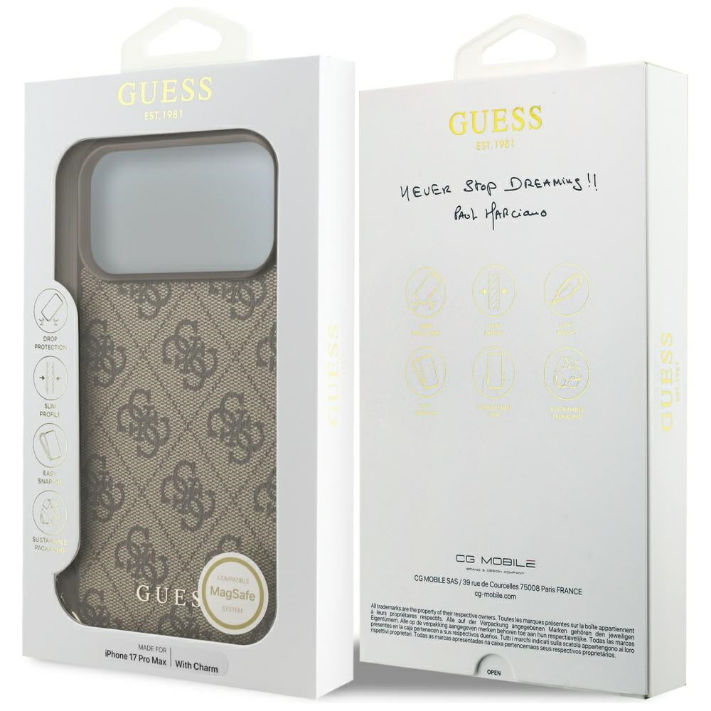 Guess 4G Charms MagSafe dėklas iPhone 17 Pro Max – rudas