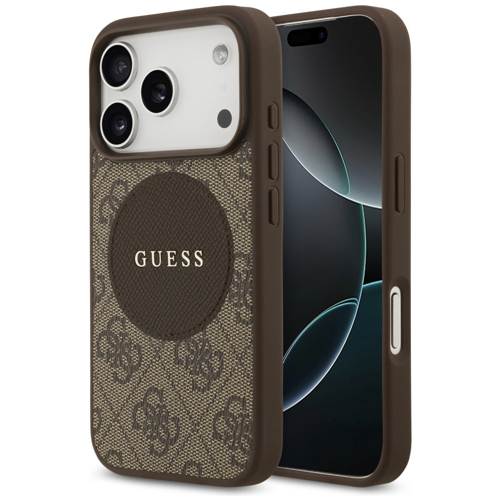 Guess 4G Circle Classic Logo MagSafe dėklas, skirtas iPhone 17 Pro - ruda