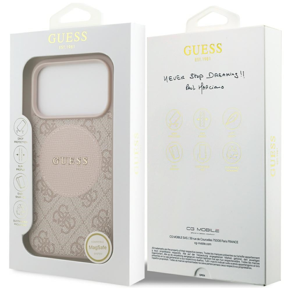 Guess 4G Circle Classic Logo MagSafe Dėklas, skirtas iPhone 17 Pro – rožinė