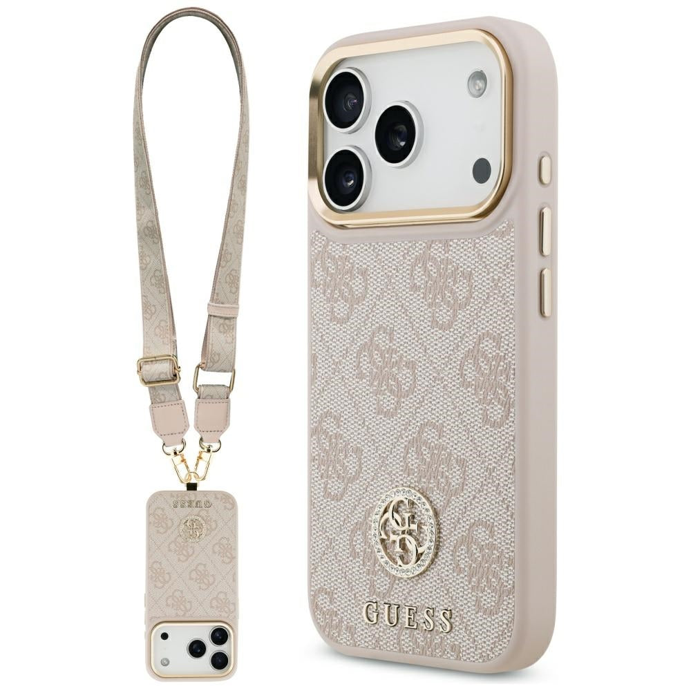 Guess 4G Strass logotipas ir dideli dirželiai metaliniai mygtukai MagSafe Dėklas, skirtas iPhone 17 Pro – rožinė