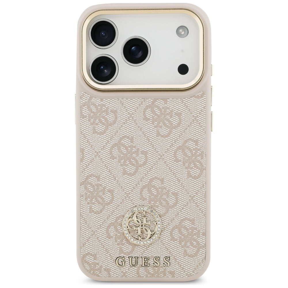 Guess 4G Strass logotipas ir dideli dirželiai metaliniai mygtukai MagSafe Dėklas, skirtas iPhone 17 Pro – rožinė