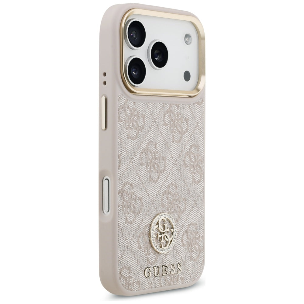 Guess 4G Strass logotipas ir dideli dirželiai metaliniai mygtukai MagSafe Dėklas, skirtas iPhone 17 Pro – rožinė