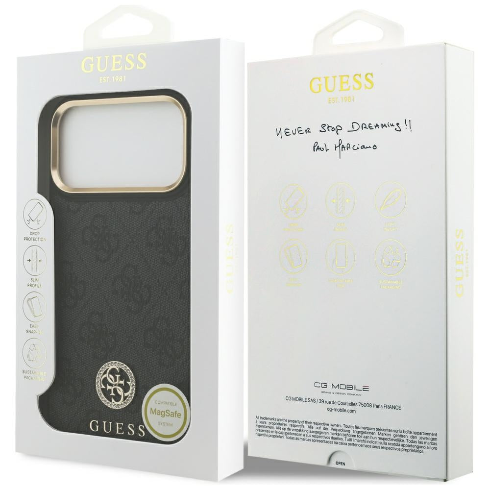 Guess 4G Strass Logo MagSafe Dėklas, skirtas iPhone 17 Pro Max – juodas