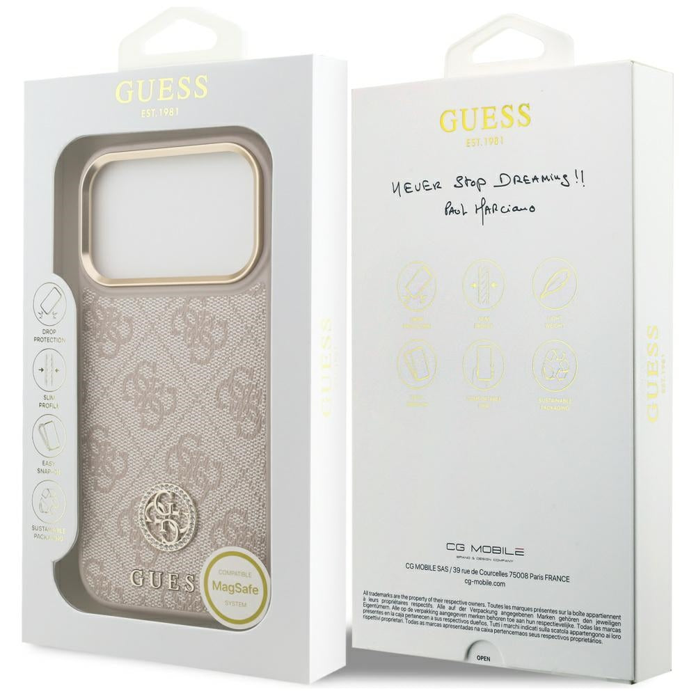 Guess 4G Strass Logo MagSafe Dėklas, skirtas iPhone 17 Pro – rožinė