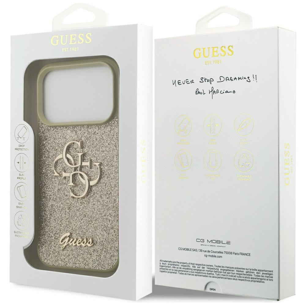 Guess blizgus 4G dėklas iPhone 17 Pro – auksinis
