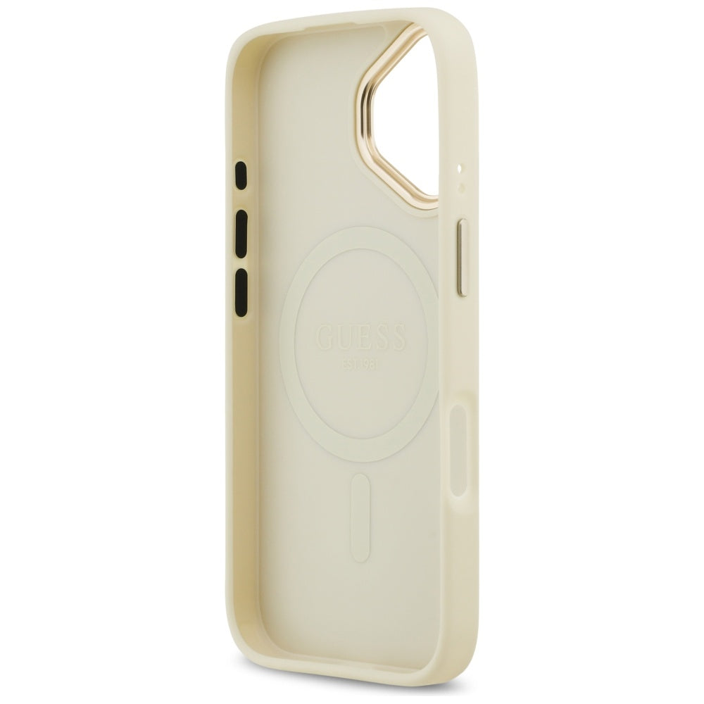 Guess Grained Strass Logo MagSafe dėklas, skirtas iPhone 17 - smėlio spalvos