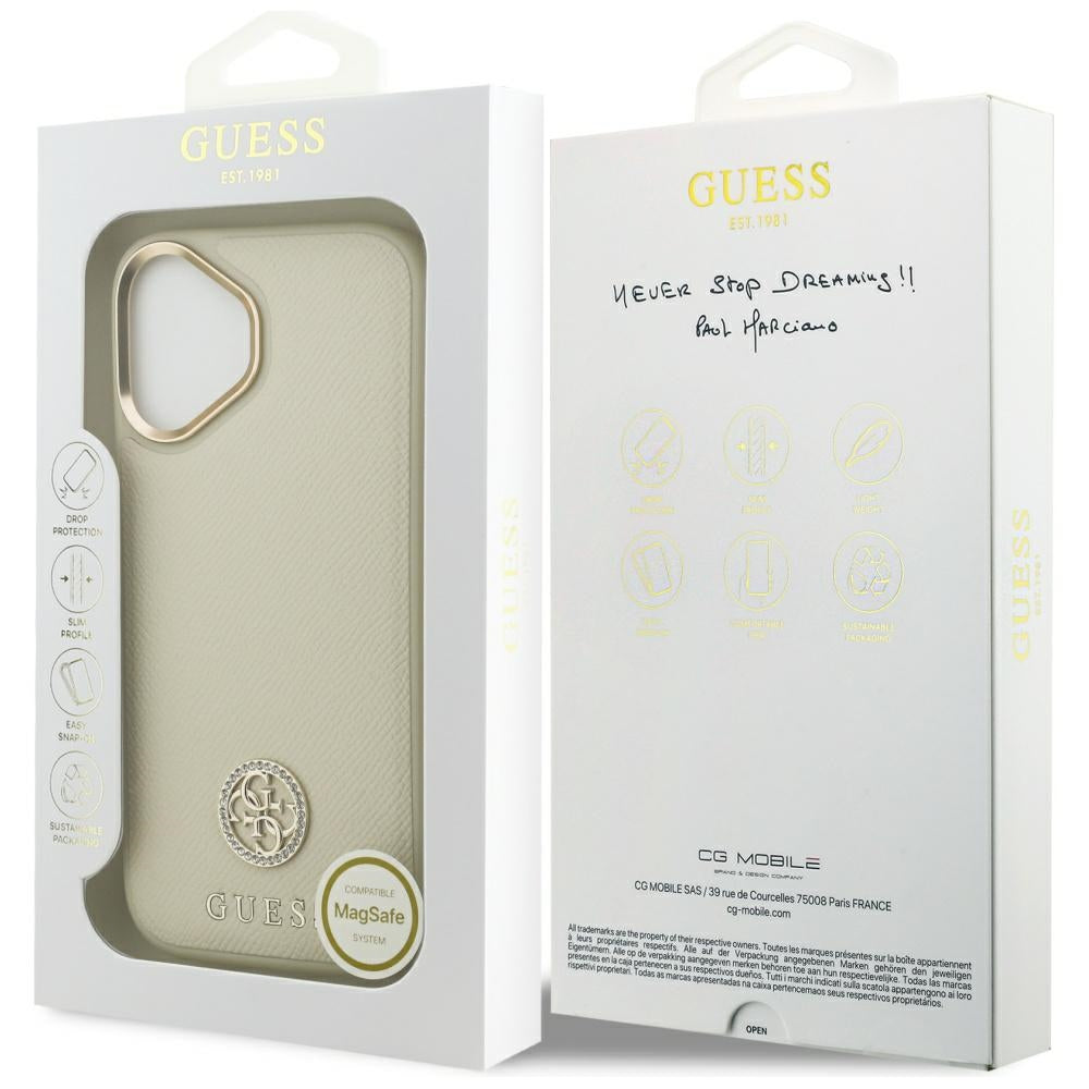 Guess Grained Strass Logo MagSafe dėklas, skirtas iPhone 17 - smėlio spalvos
