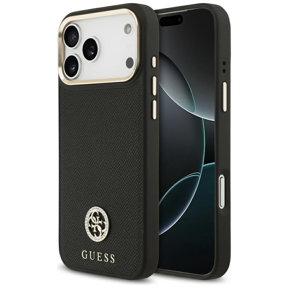 Guess Grained Strass Logo MagSafe dėklas, skirtas iPhone 17 Pro Max - juodas
