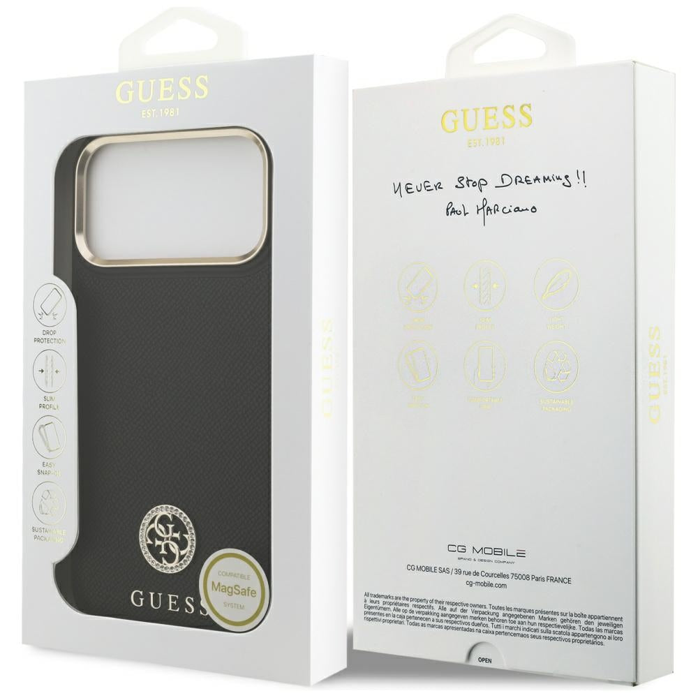 Guess Grained Strass Logo MagSafe dėklas, skirtas iPhone 17 Pro Max - juodas