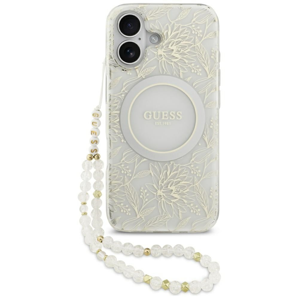 Guess IML Flowers Electro Pearl Strap MagSafe dėklas iPhone 17 - Baltas -- iPhone 17