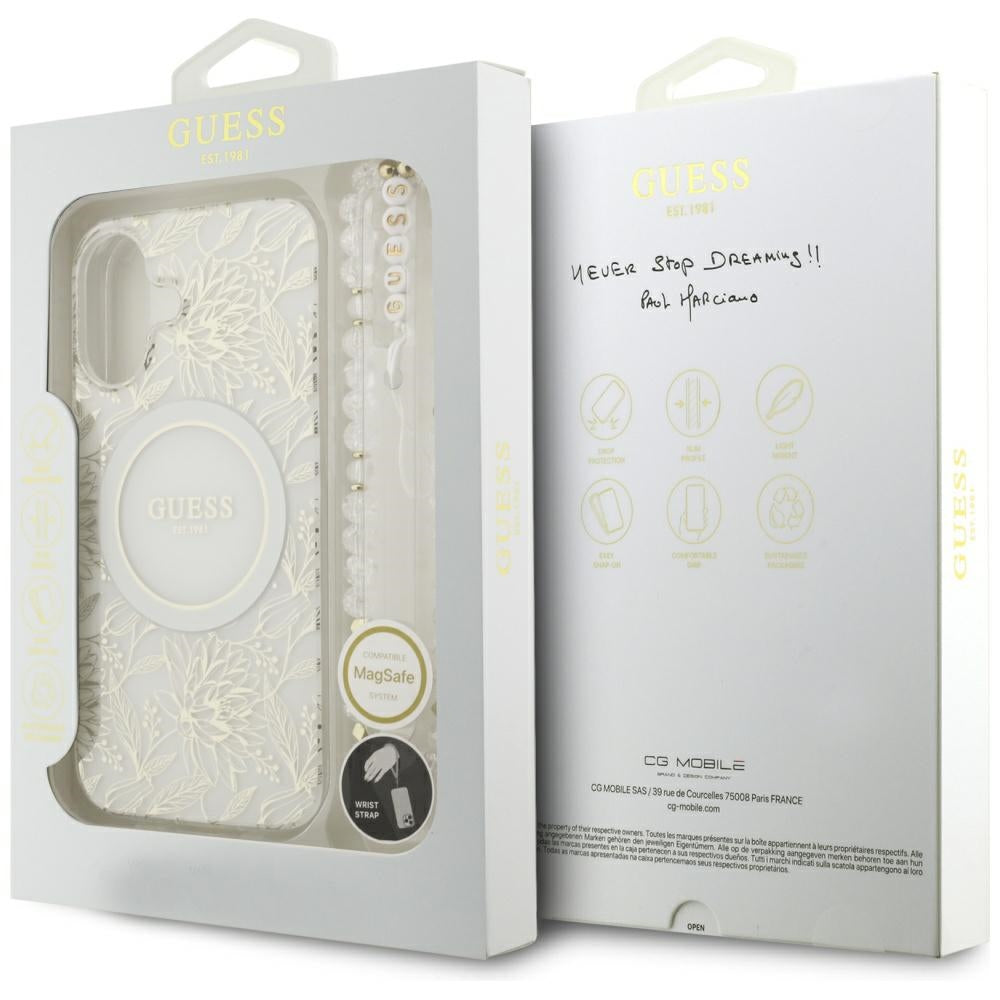 Guess IML Flowers Electro Pearl Strap MagSafe dėklas iPhone 17 - Baltas -- iPhone 17