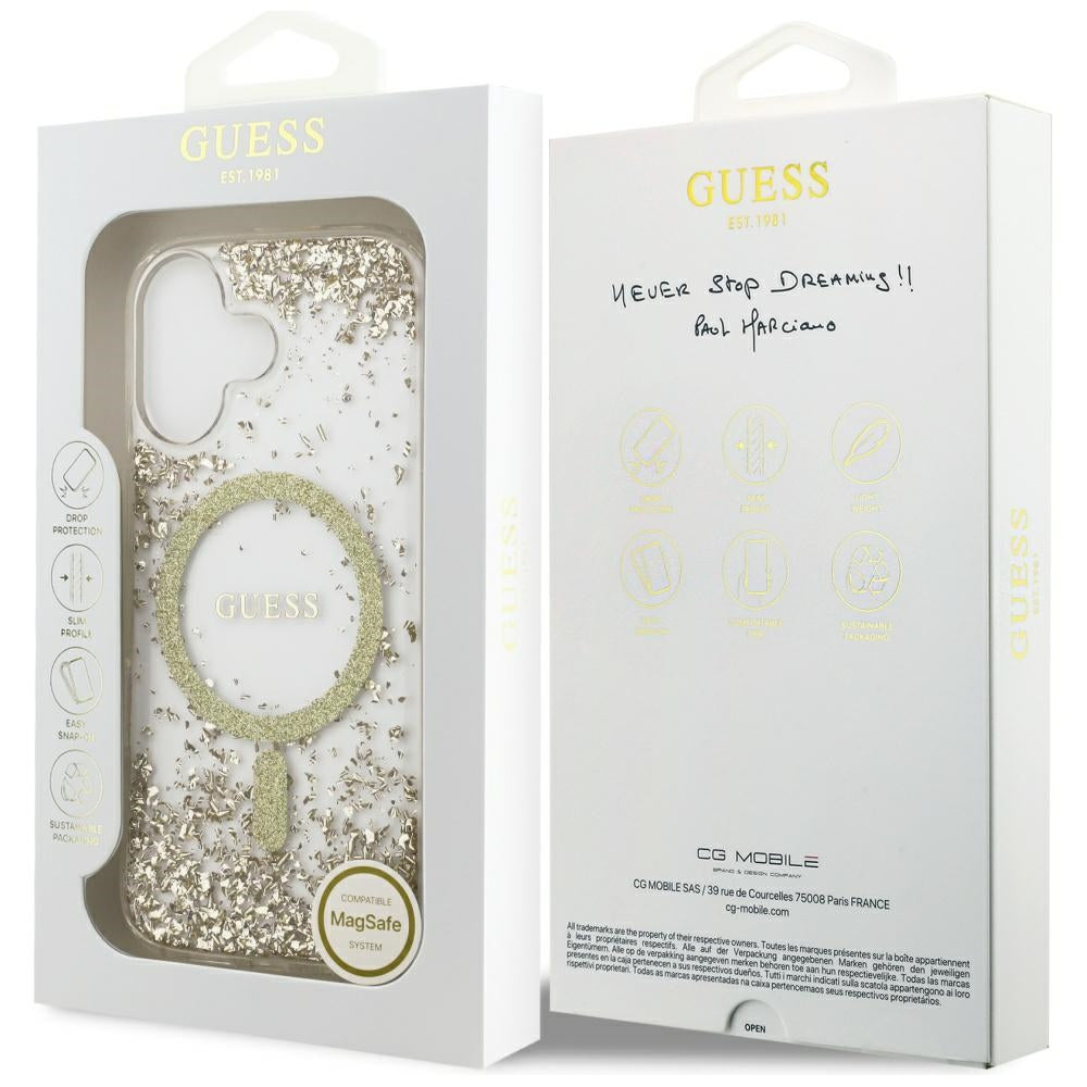 Guess Resin Bottom Glitter MagSafe dėklas iPhone 17 - auksinis