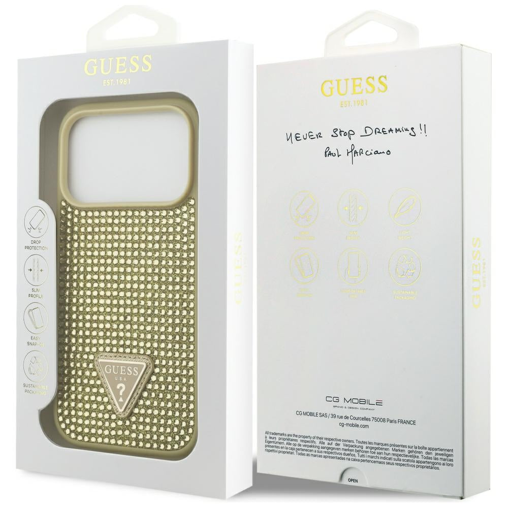 Guess Rhinestone Triangle Logo iPhone 17 Pro dėklas - Auksinė -- iPhone 17 Pro