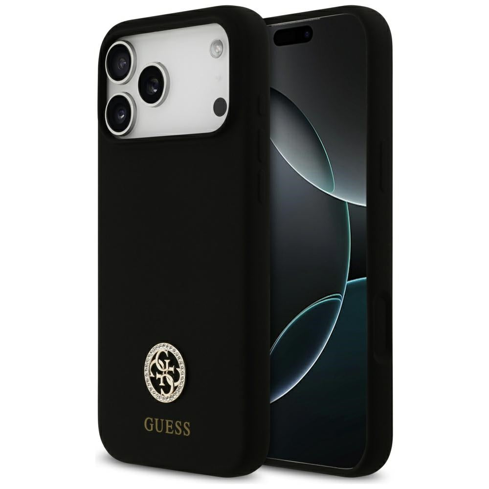 Guess Silicone Logo Strass 4G MagSafe Dėklas, skirtas iPhone 17 Pro Max - juodas