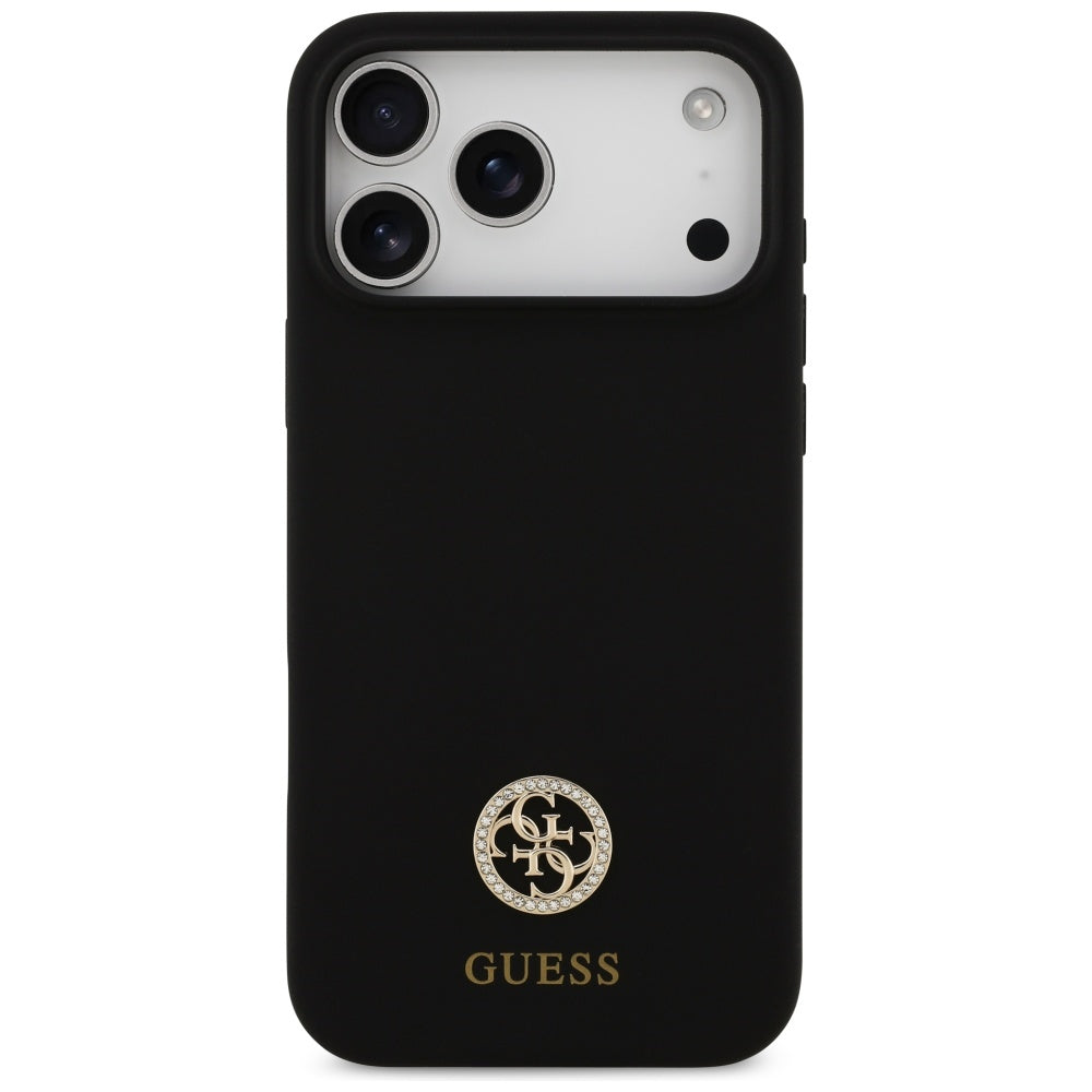 Guess Silicone Logo Strass 4G MagSafe Dėklas, skirtas iPhone 17 Pro Max - juodas