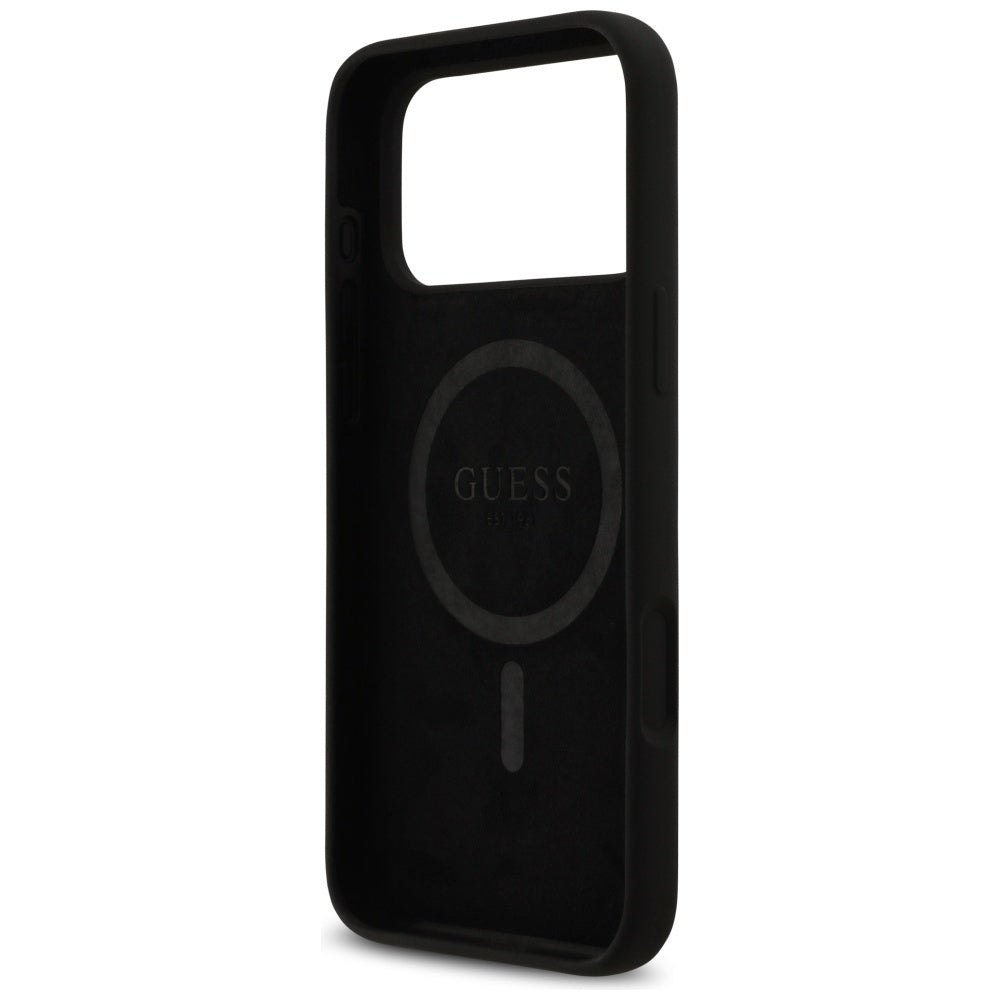 Guess Silicone Logo Strass 4G MagSafe Dėklas, skirtas iPhone 17 Pro Max - juodas