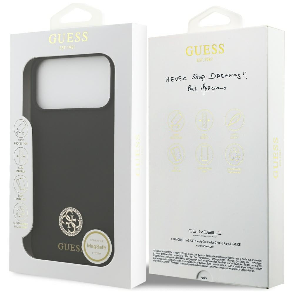 Guess Silicone Logo Strass 4G MagSafe Dėklas, skirtas iPhone 17 Pro Max - juodas