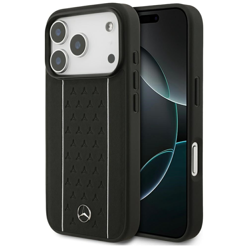 Mercedes Leather Star Pattern Stripes MagSafe dėklas iPhone 17 Pro - juodas -- iPhone 17 Pro