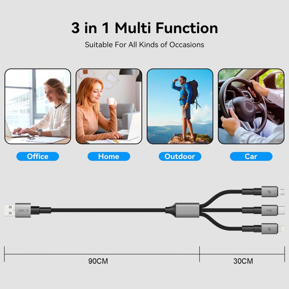 Tech-Protect Laidas UltraBoost DNA 3in1 USB-C / Micro-USB / Lightning 120 cm - pilkas -- Cell phone cables
