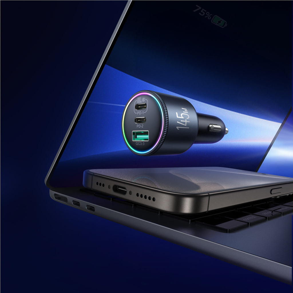 Joyroom automobilių įkroviklis JR-CCN07 145W 2xUSB-C USB-A + 100W USB-C laidas, tamsiai pilkas
