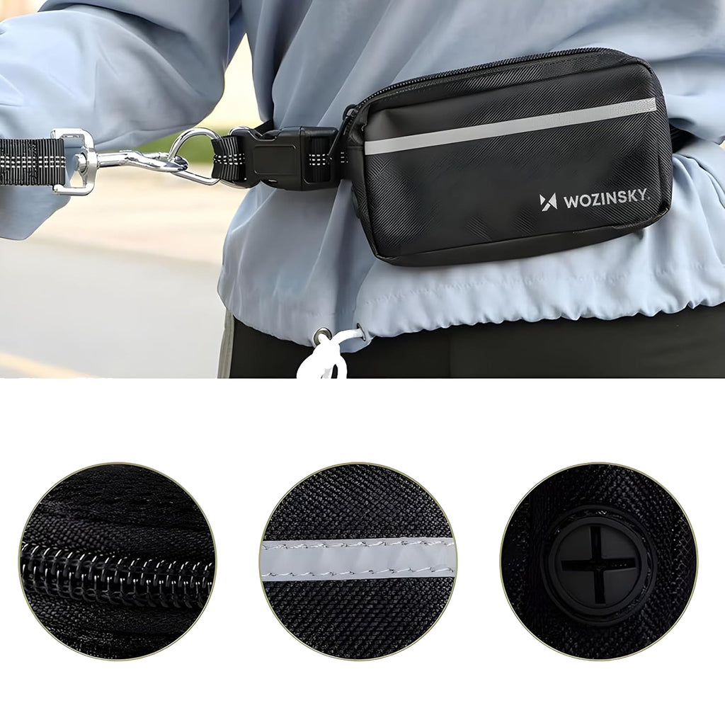 Wozinsky WPST-01 šoninis dirželis su kišene ir elastine pavadėle bėgimui su šuniu - juodas -- Cycling Accessories