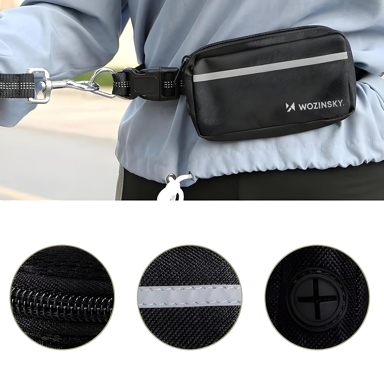 Wozinsky WPST-01 šoninis dirželis su kišene ir elastine pavadėle bėgimui su šuniu - juodas -- Cycling Accessories