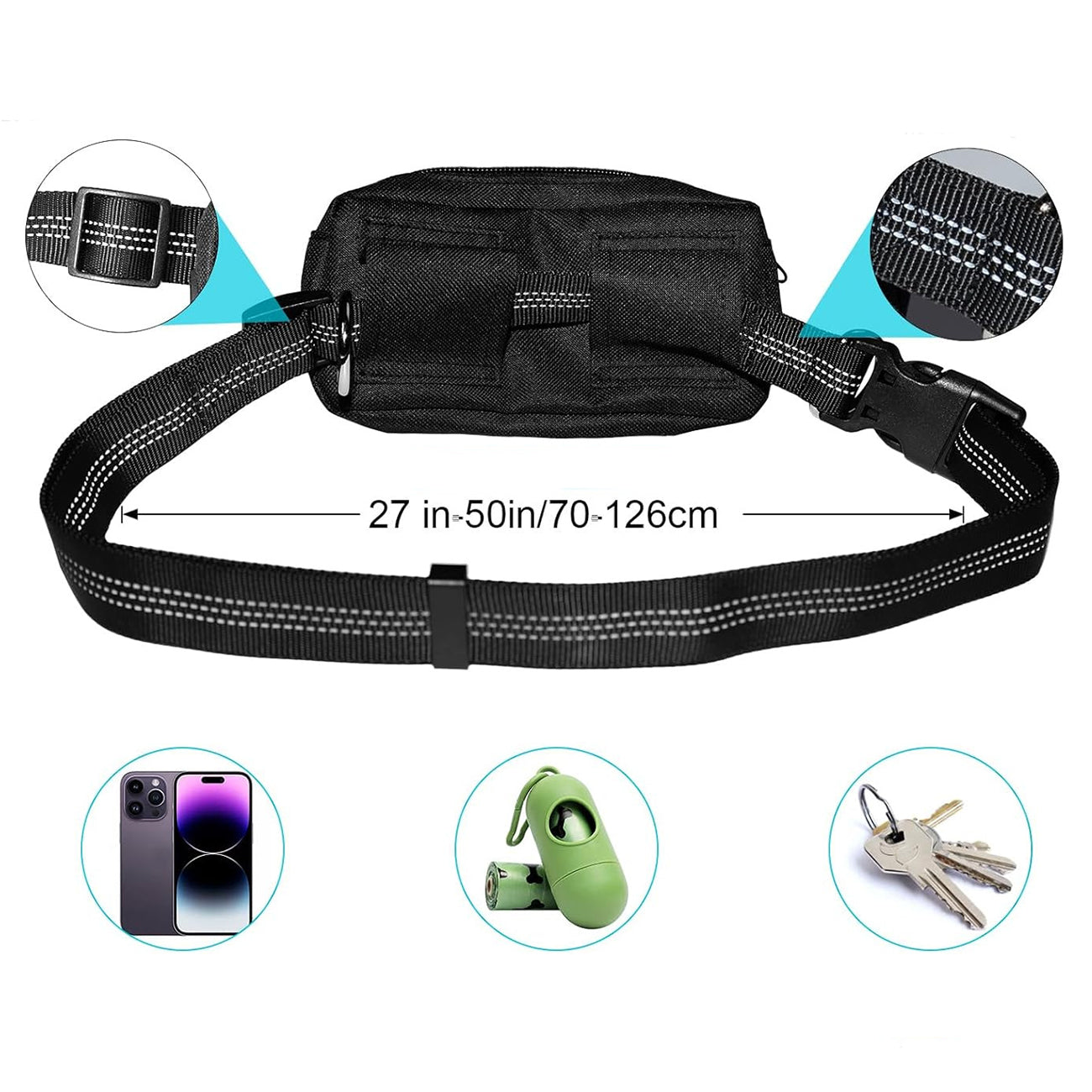 Wozinsky WPST-01 šoninis dirželis su kišene ir elastine pavadėle bėgimui su šuniu - juodas -- Cycling Accessories
