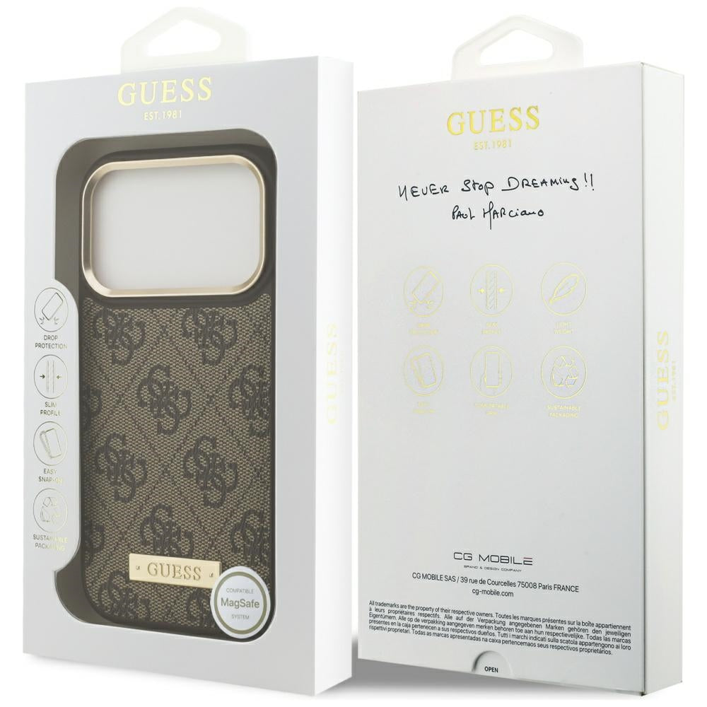 Guess 4G Logo Plate MagSafe dėklas iPhone 17 Pro - rudas -- iPhone 17 Pro