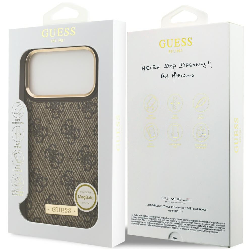 Guess 4G Logo Plate MagSafe dėklas iPhone 17 Pro Max - rudas -- iPhone 17 Pro Max
