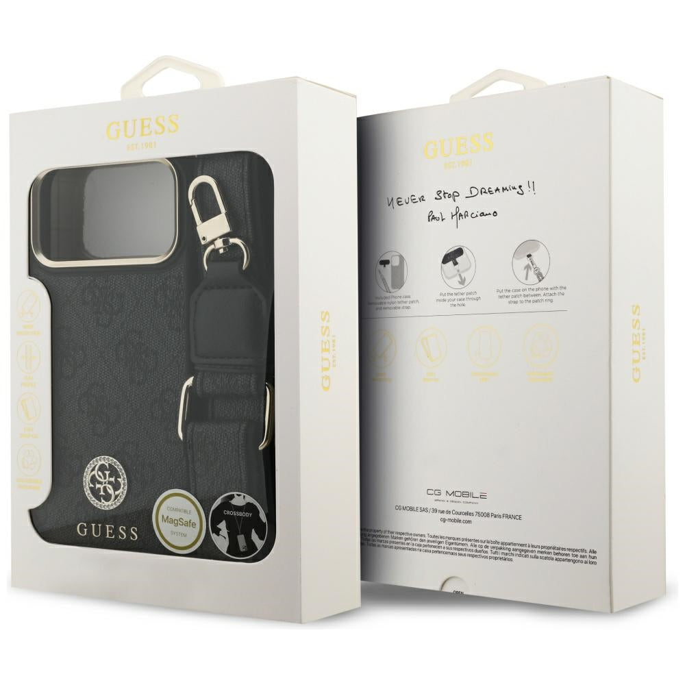 Guess 4G Srtass Logo & Big Strap Metal Buttons MagSafe dėklas iPhone 17 Pro Max - Juoda -- iPhone 17 Pro Max