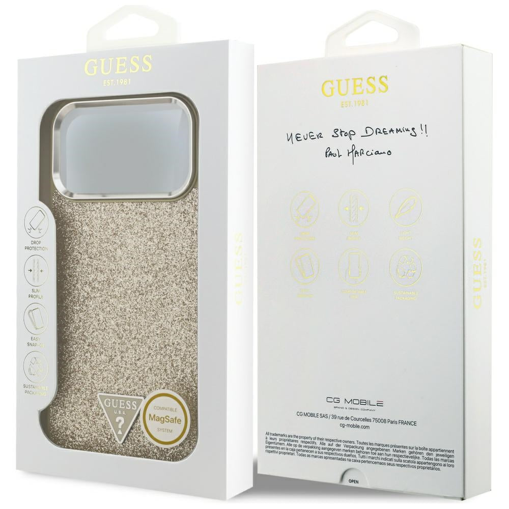 Guess Glitter Triangle Logo MagSafe dėklas iPhone 17 Pro Max - Auksinis -- iPhone 17 Pro Max