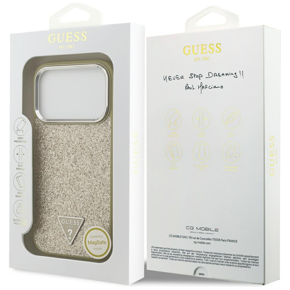 Guess Glitter Triangle Logo MagSafe dėklas iPhone 17 Pro - Auksinis -- iPhone 17 Pro