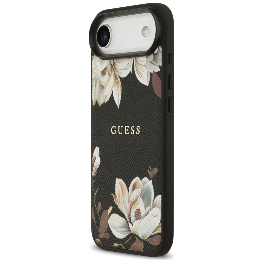 Guess Grained Flowers Classic Logo MagSafe dėklas, skirtas iPhone Air - black