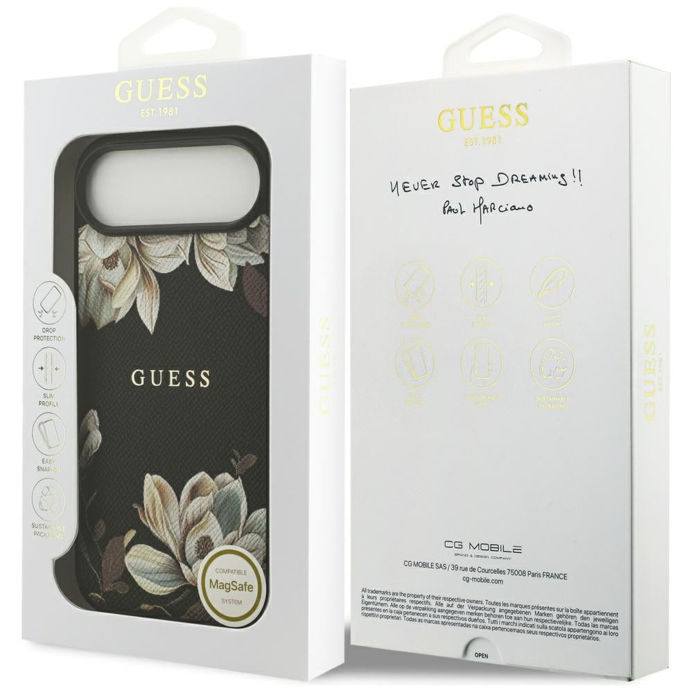 Guess Grained Flowers Classic Logo MagSafe dėklas, skirtas iPhone Air - black
