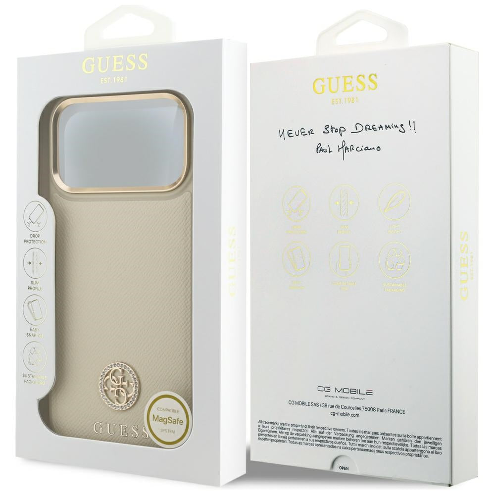 Guess Grained Strass Logo MagSafe dėklas iPhone 17 Pro Max - Smėlinė -- iPhone 17 Pro Max