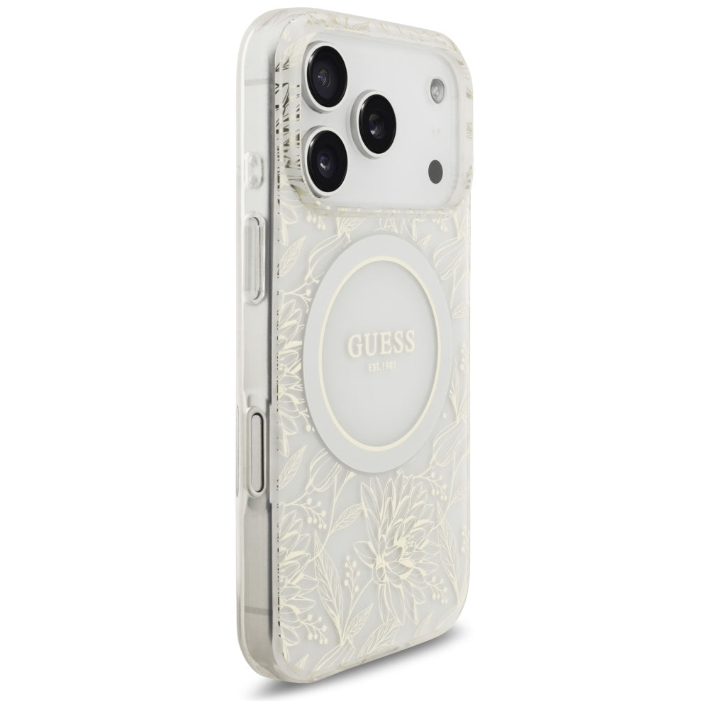 Guess IML Flowers Electro Pearl Strap MagSafe dėklas iPhone 17 Pro - Baltas -- iPhone 17 Pro
