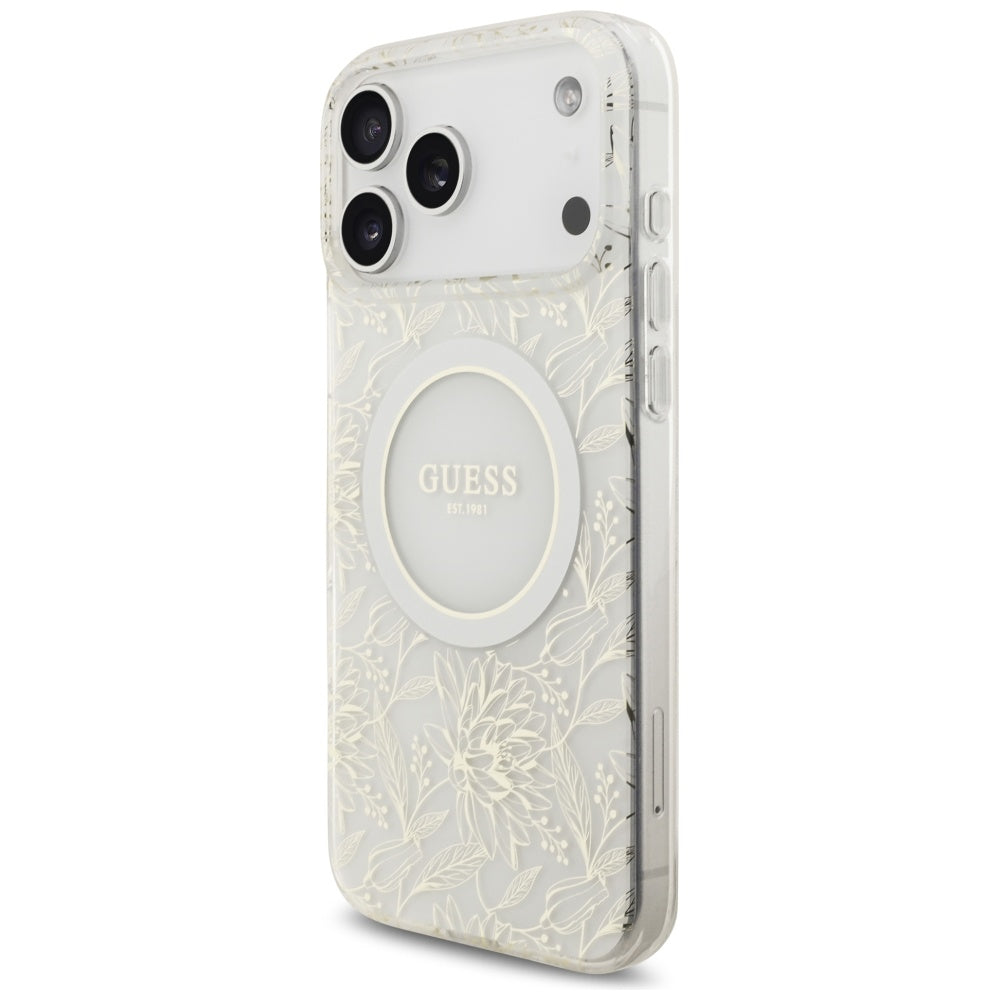 Guess IML Flowers Electro Pearl Strap MagSafe dėklas iPhone 17 Pro Max - Balta -- iPhone 17 Pro Max