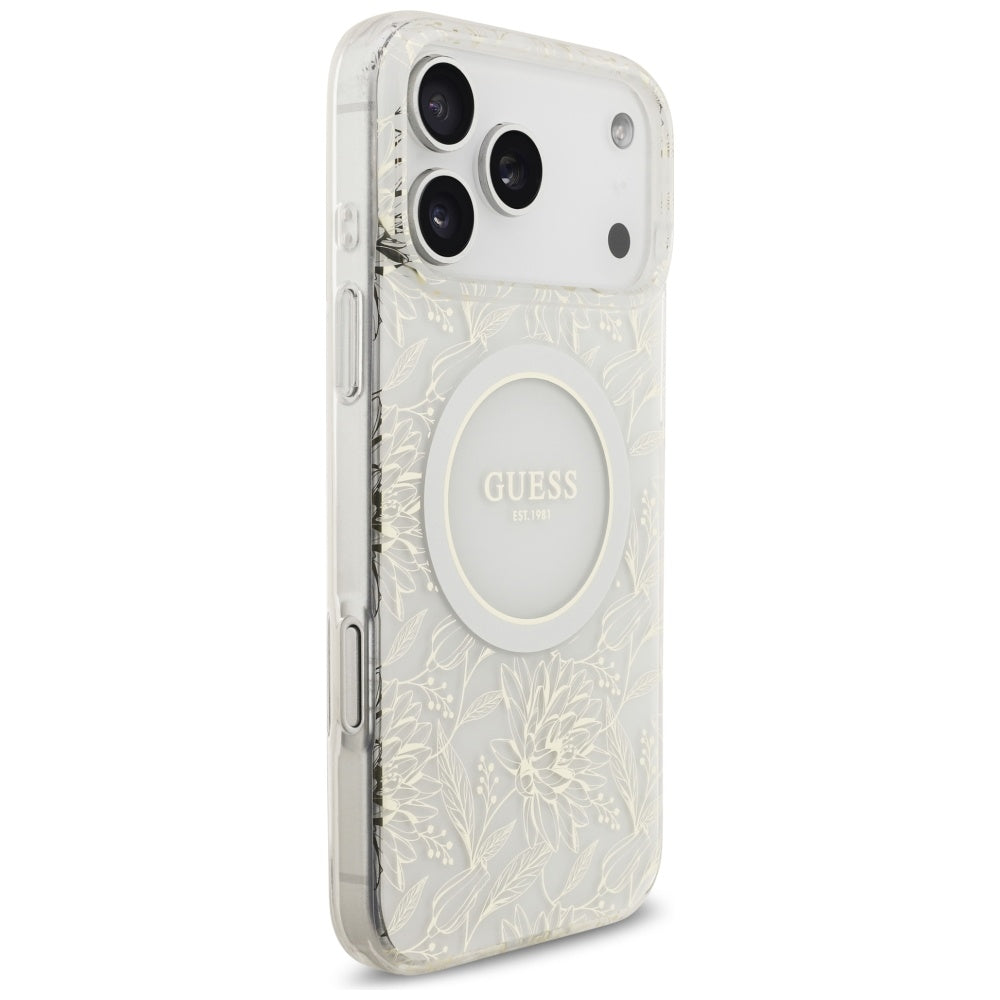 Guess IML Flowers Electro Pearl Strap MagSafe dėklas iPhone 17 Pro Max - Balta -- iPhone 17 Pro Max