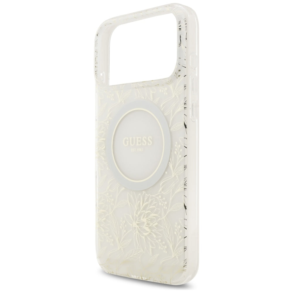 Guess IML Flowers Electro Pearl Strap MagSafe dėklas iPhone 17 Pro Max - Balta -- iPhone 17 Pro Max