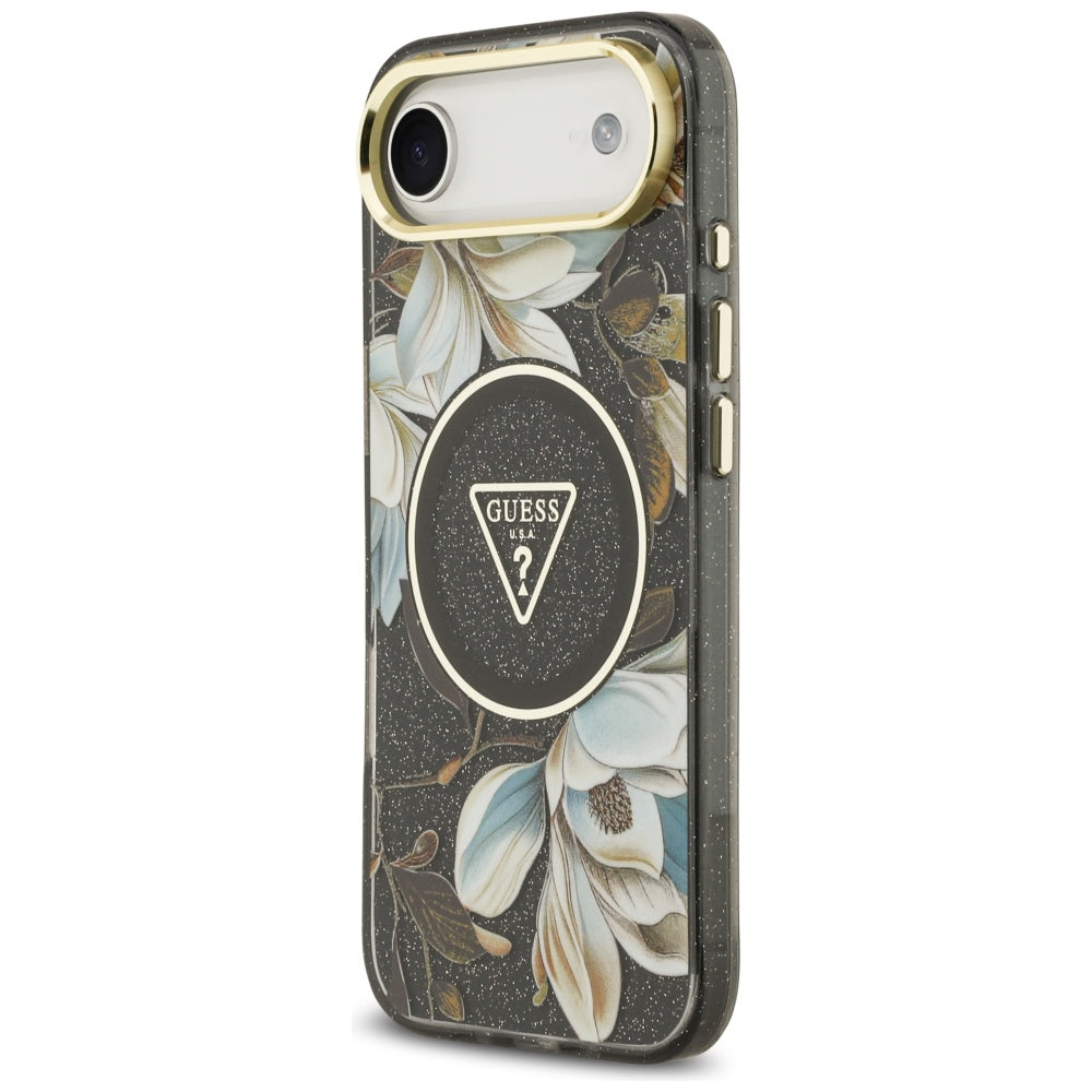Guess IML Glitter Flowers Triangle MagSafe dėklas, skirtas iPhone Air - black
