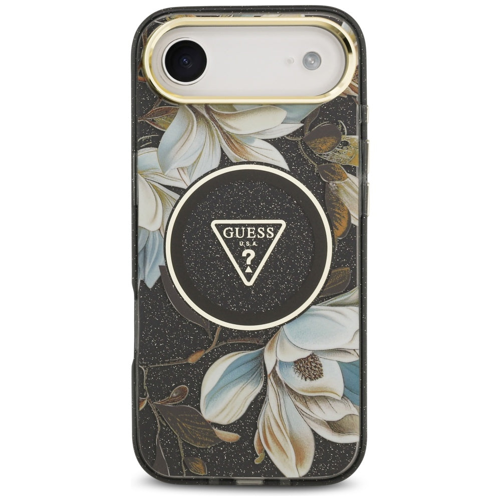 Guess IML Glitter Flowers Triangle MagSafe dėklas, skirtas iPhone Air - black
