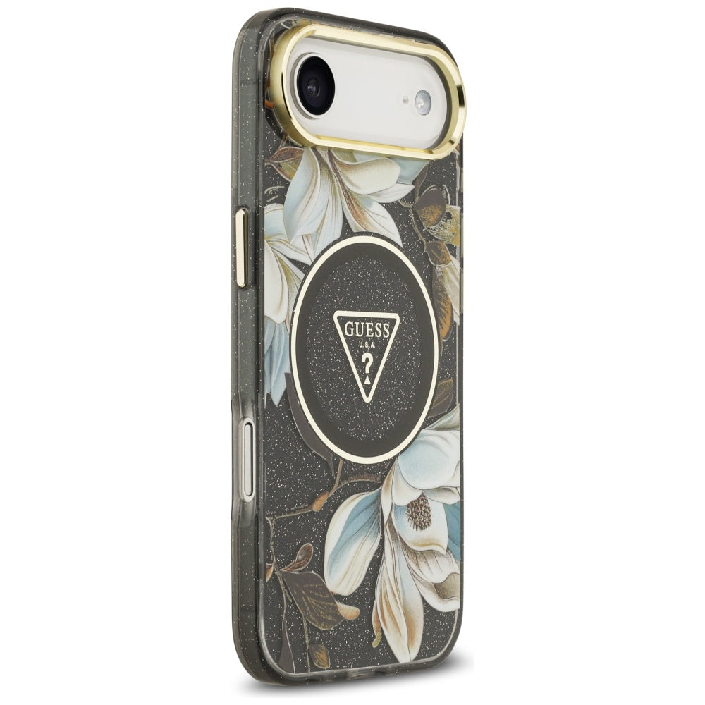 Guess IML Glitter Flowers Triangle MagSafe dėklas, skirtas iPhone Air - black