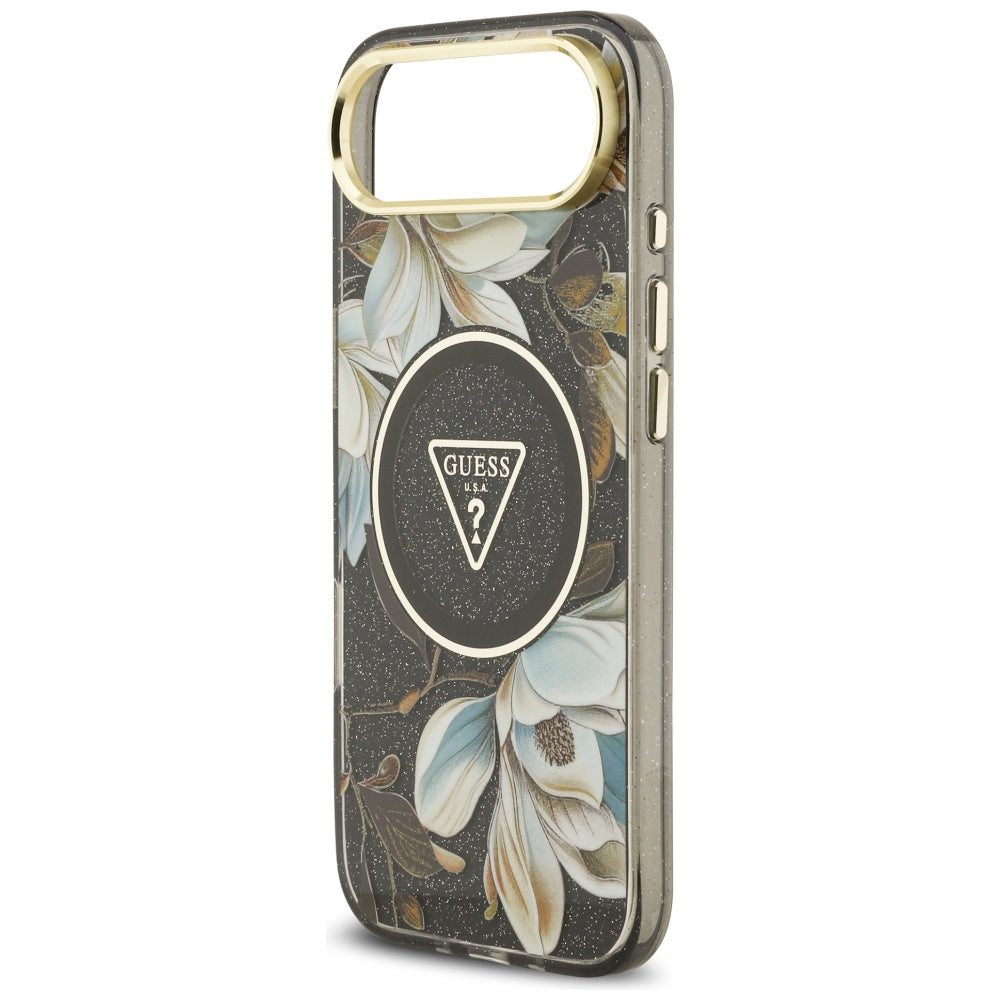 Guess IML Glitter Flowers Triangle MagSafe dėklas, skirtas iPhone Air - black