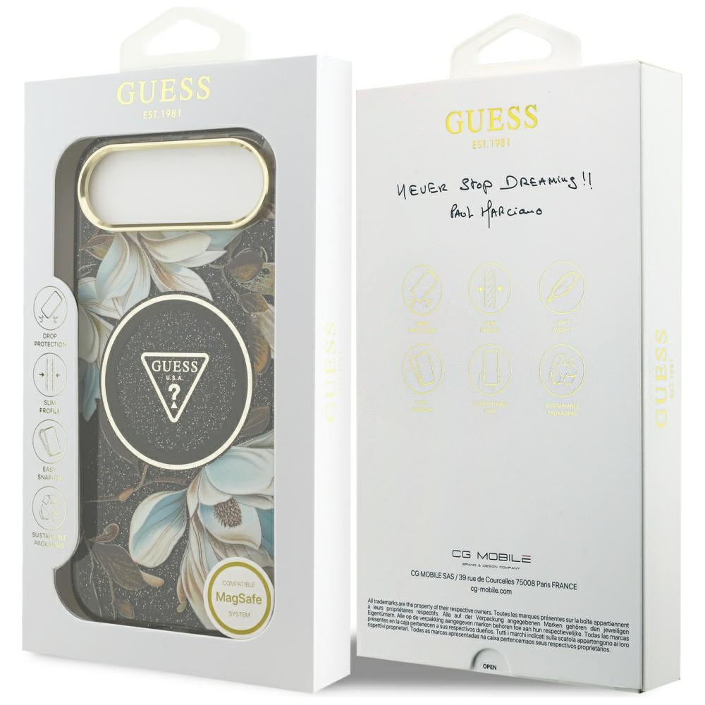 Guess IML Glitter Flowers Triangle MagSafe dėklas, skirtas iPhone Air - black