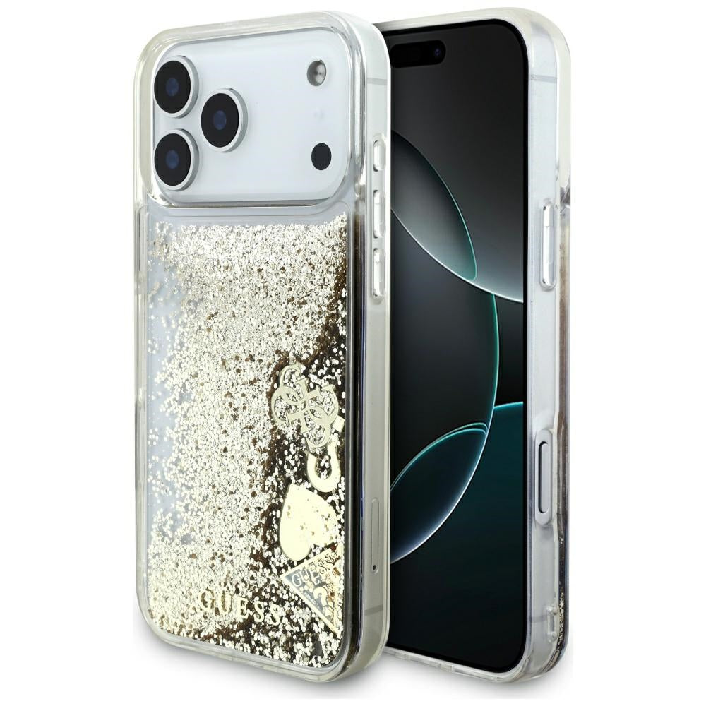 Guess Liq. Glitter 4 Charms dėklas iPhone 17 Pro Max - Auksinė -- iPhone 17 Pro Max