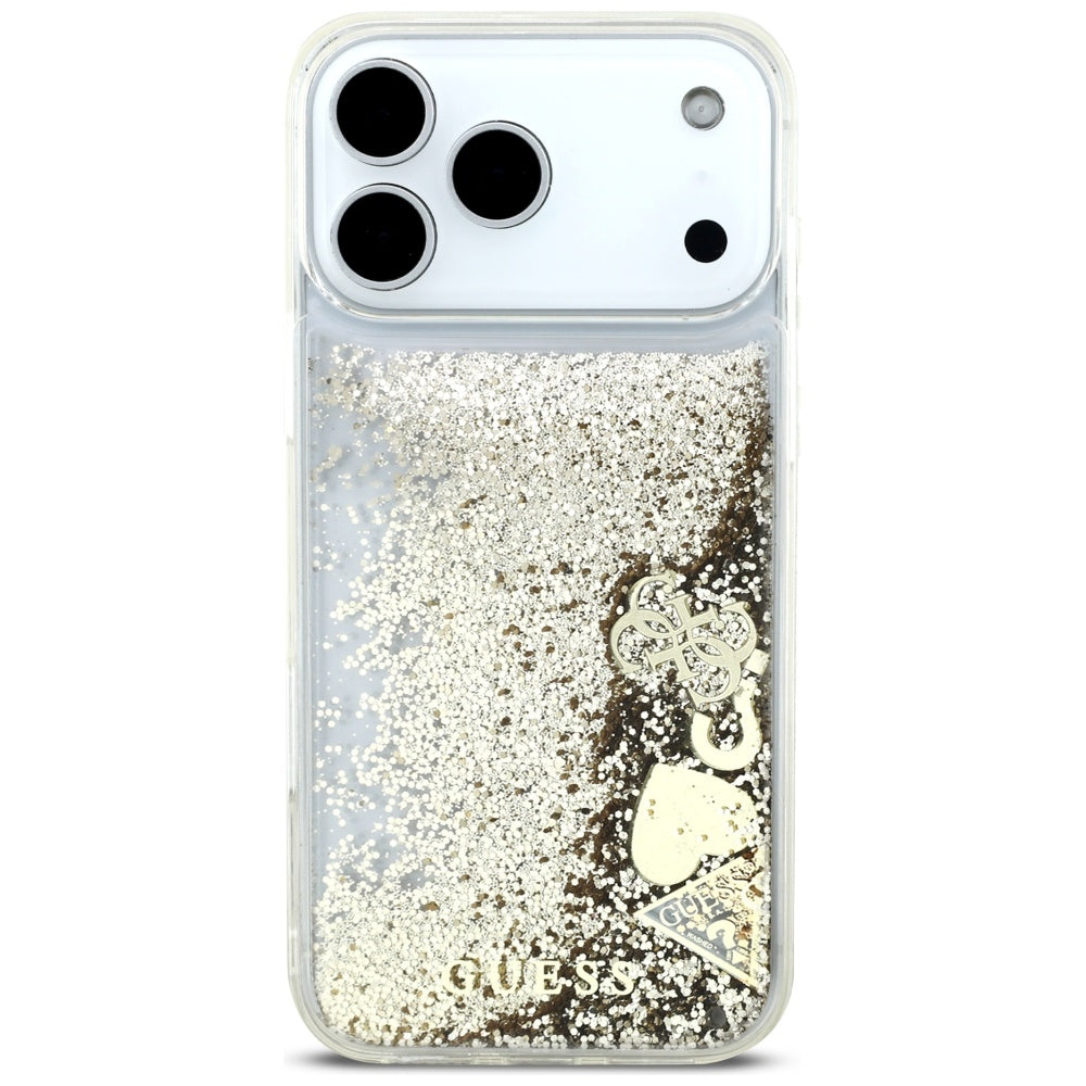 Guess Liq. Glitter 4 Charms dėklas iPhone 17 Pro Max - Auksinė -- iPhone 17 Pro Max