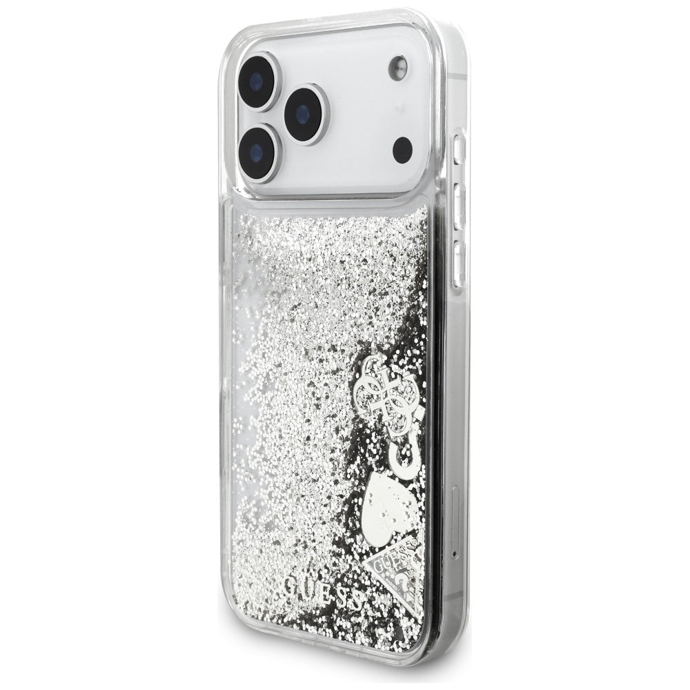 Guess Liq. Glitter 4 Charms dėklas iPhone 17 Pro Max - Sidabrinė -- iPhone 17 Pro Max